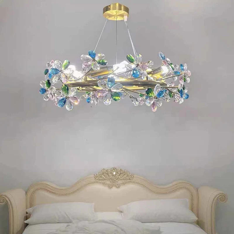 Colored Crystal Chandelier with Brass Branches