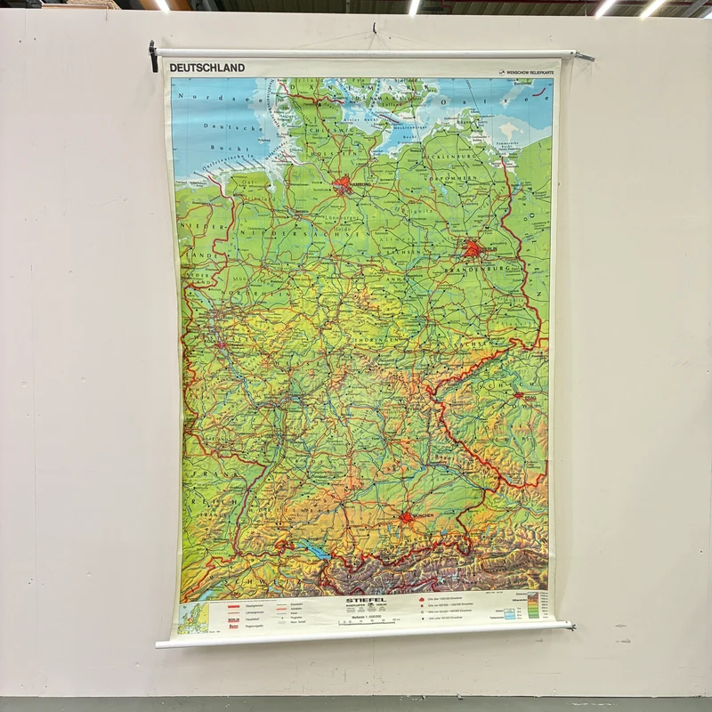 Vintage Schulkarte – Deutschland – Geografie Erdkunde Lehrtafel Stiefel Rollbild Gebraucht