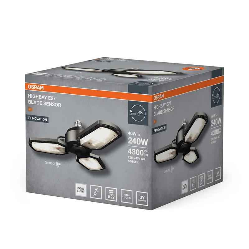 OSRAM Deckenleuchte mit Flügeln Highbay Blade Sensor Schwarz, 4000 K, 4300 lm, 40 W, 33,75 cm ⌀, Aluminium