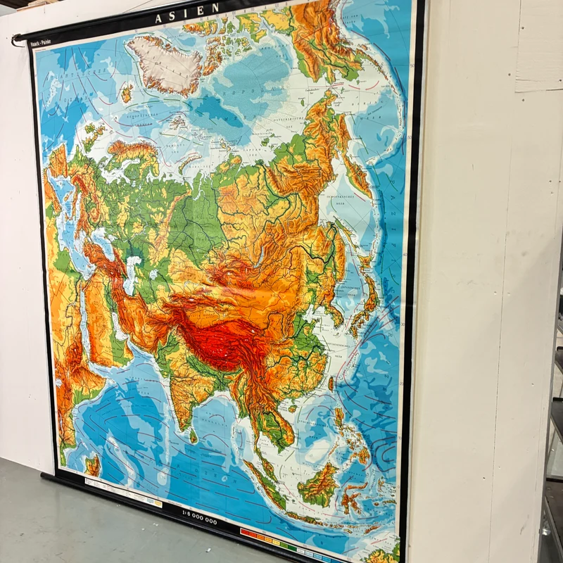 Vintage Schulkarte – Asien physisch – Erdkunde Geografie Lehrtafel Haack Painke Rollbild Gebraucht