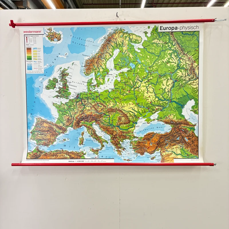 Vintage Schulkarte – Europa physisch – Westermann Geografie Lehrtafel Rollbild Gebraucht