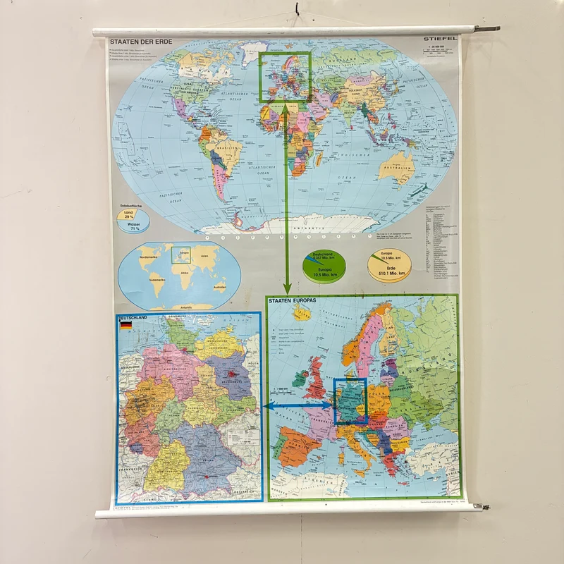 Vintage Schulkarte – Staaten der Erde, Europas & Deutschland – Stiefel Geografie Lehrtafel Rollbild Gebraucht