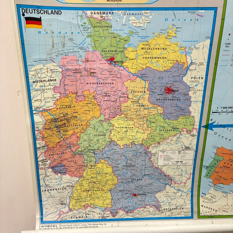 Vintage Schulkarte – Staaten der Erde, Europas & Deutschland – Stiefel Geografie Lehrtafel Rollbild Gebraucht