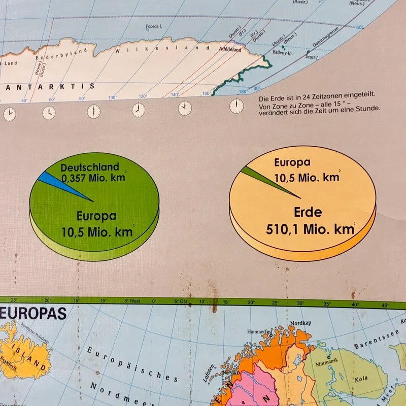 Vintage Schulkarte – Staaten der Erde, Europas & Deutschland – Stiefel Geografie Lehrtafel Rollbild Gebraucht