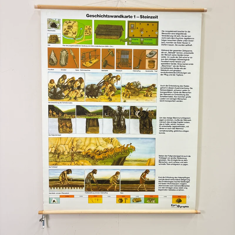Vintage Schulkarte – Steinzeit – Geschichte Lehrtafel Rollbild Gebraucht