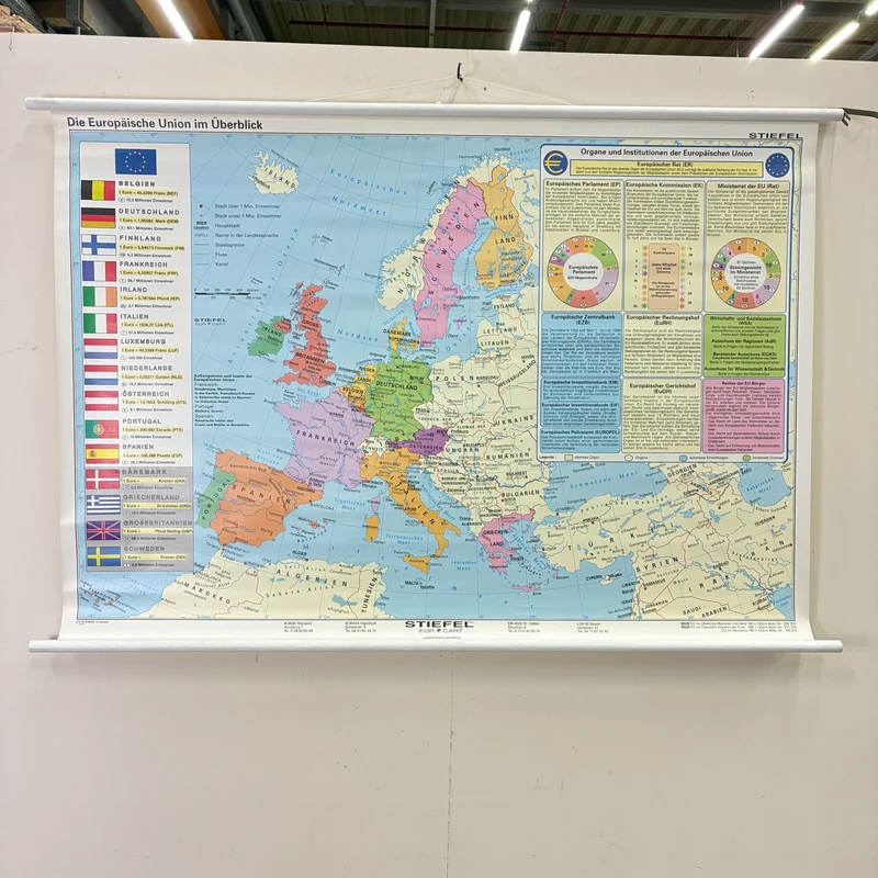 Vintage Schulkarte – Die Europäische Union im Überblick – Stiefel Geografie Lehrtafel Rollbild Gebraucht
