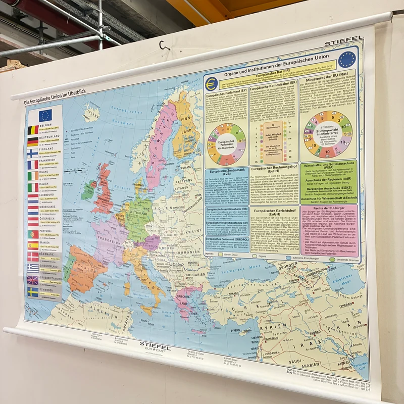 Vintage Schulkarte – Die Europäische Union im Überblick – Stiefel Geografie Lehrtafel Rollbild Gebraucht