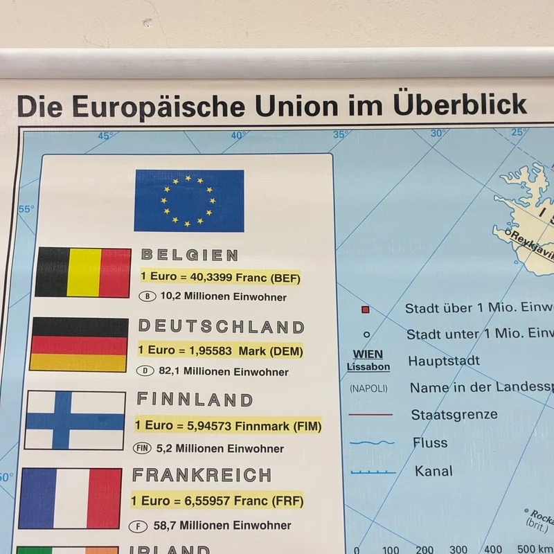 Vintage Schulkarte – Die Europäische Union im Überblick – Stiefel Geografie Lehrtafel Rollbild Gebraucht