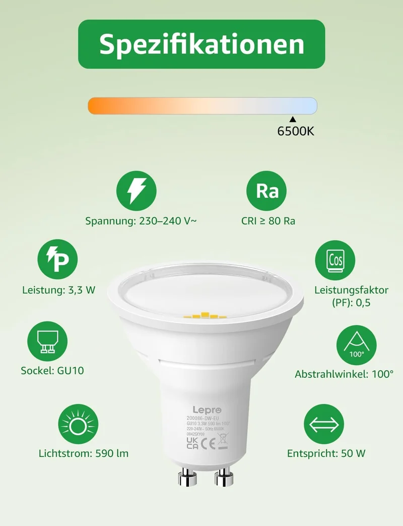 Lepro Energieklasse A GU10 LED Kaltwei? 3.3W Lampe, 590 lm, 6500K Tageslichtwei?, Nicht Dimmbar, Energiesparendes GU 10 LED Spot, 100¡ã Abstrahlwinkel f¨¹r B¨¹ro, Keller, Garage, Flur, 5 St¨¹ck