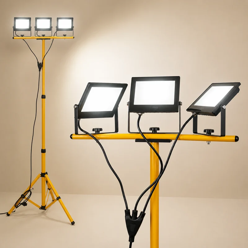 LED Baustrahler 3 Köpfe auf Stativ | 3x 50W | 12.000 Lumen | Jeder Kopf separat ausrichtbar | 4500 K Neutralweiß | IP65