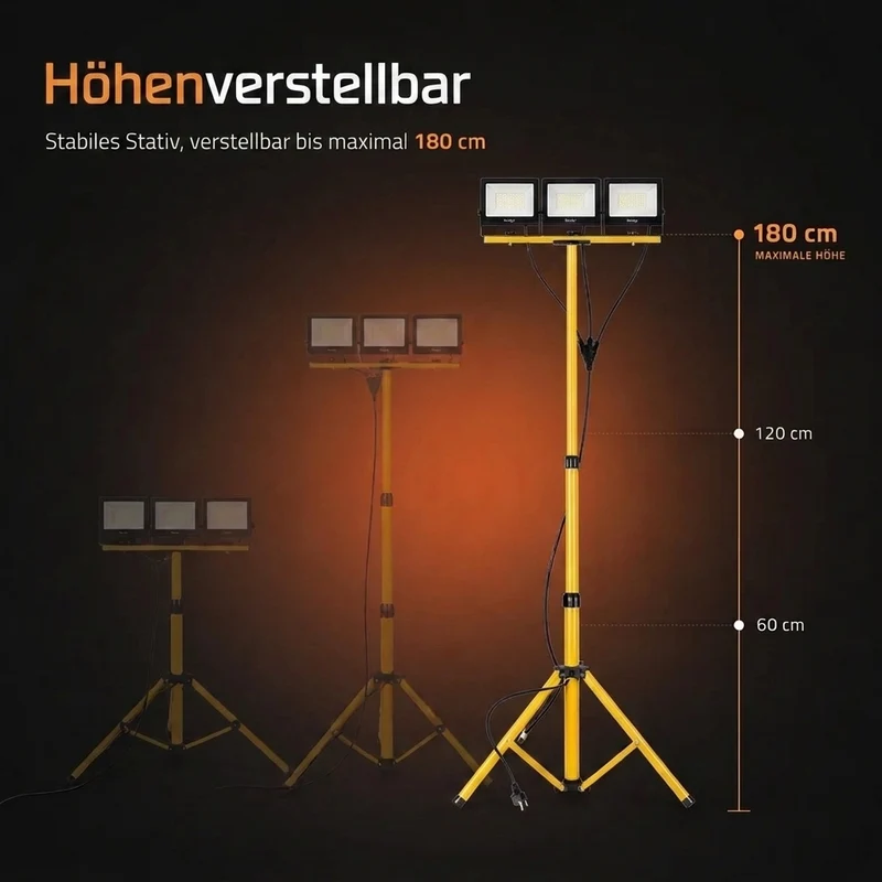 LED Baustrahler 3 Köpfe auf Stativ | 3x 50W | 12.000 Lumen | Jeder Kopf separat ausrichtbar | 4500 K Neutralweiß | IP65