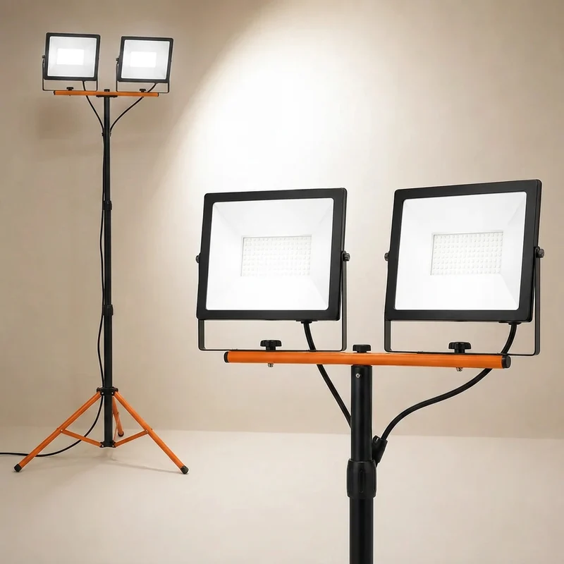 Baustrahler auf Stativ 20.000 Lumen | 2x 100W | 4500 K Neutralweiß | IP65 | Drehbar und Neigbar | Orange