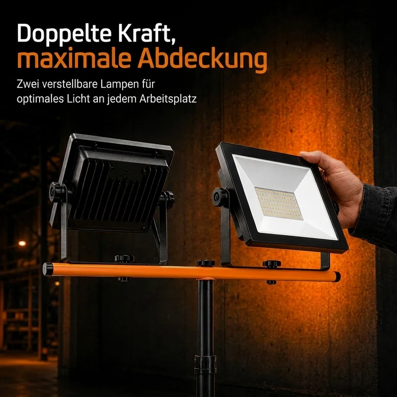 Baustrahler auf Stativ 20.000 Lumen | 2x 100W | 4500 K Neutralweiß | IP65 | Drehbar und Neigbar | Orange