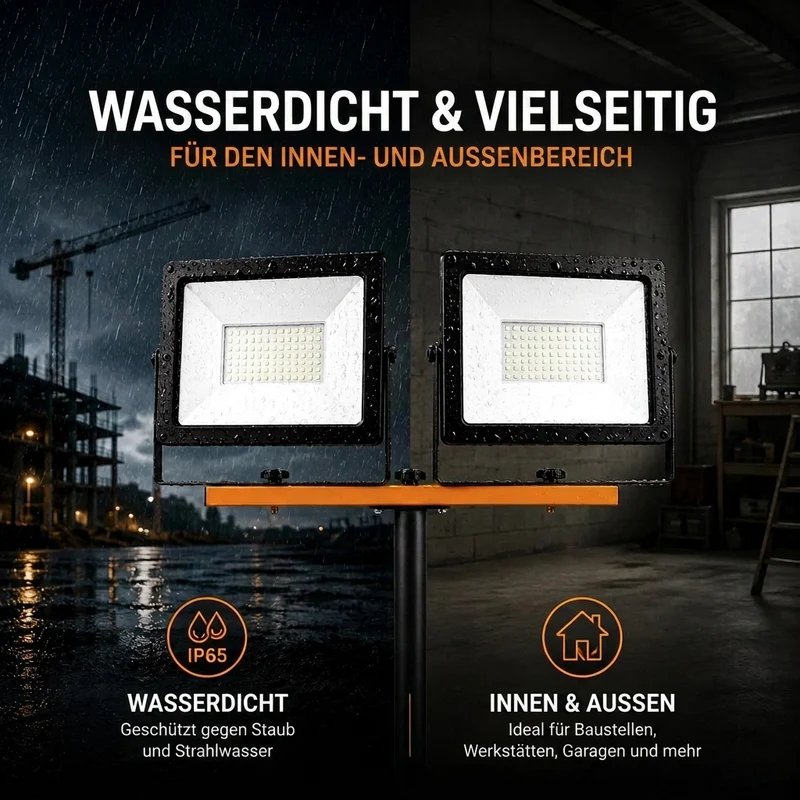 Baustrahler auf Stativ 20.000 Lumen | 2x 100W | 4500 K Neutralweiß | IP65 | Drehbar und Neigbar | Orange