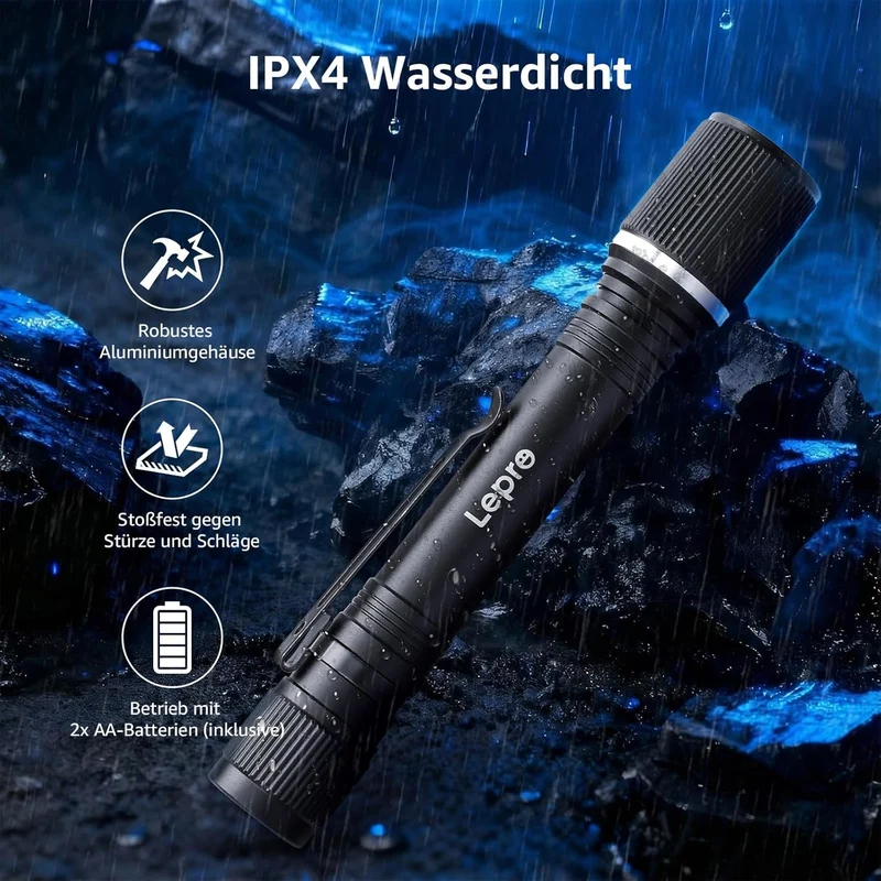 Lepro LED Taschenlampe Klein, Helle Stiftlampe mit Clip, 3 Modi Handlampe, IPX4 Wasserdicht, Robustes Aluminiumgeh?use f¨¹r Camping, Werkstatt, Wandern & Notf?lle, 2x AA Batterien Inklusive