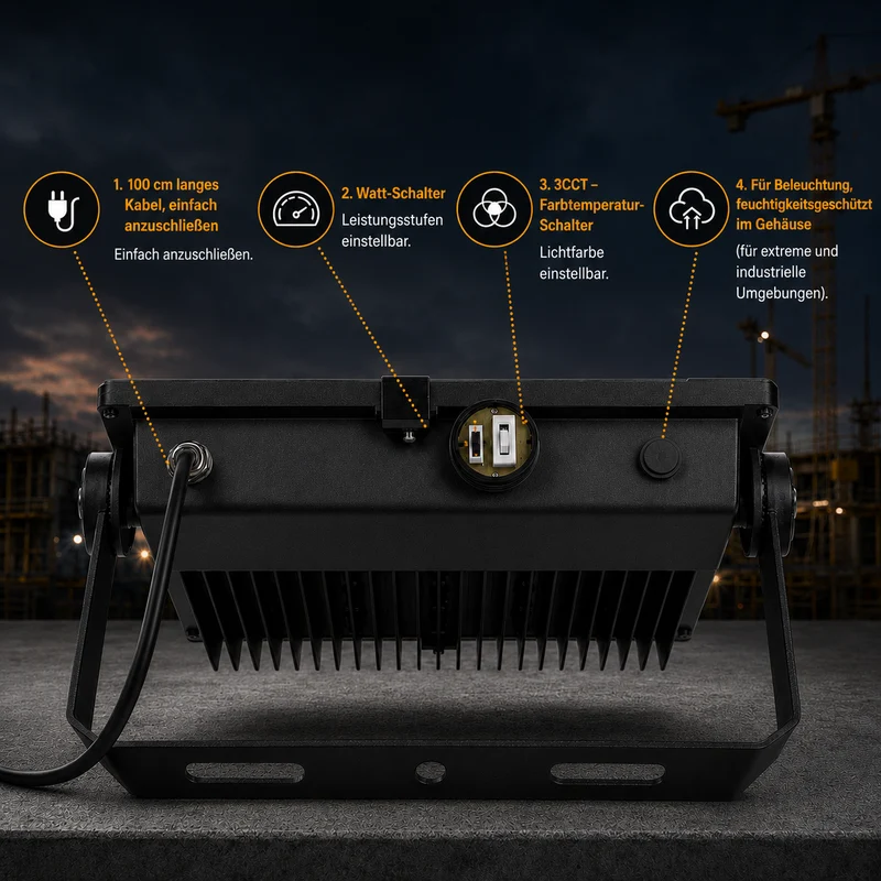 LED Baustrahler | 30/40/50W Switch | 7.000 lm | 3000K/4000K/5700K CC-Switch | IP66 | Neigbar | Schwarz | Aurus