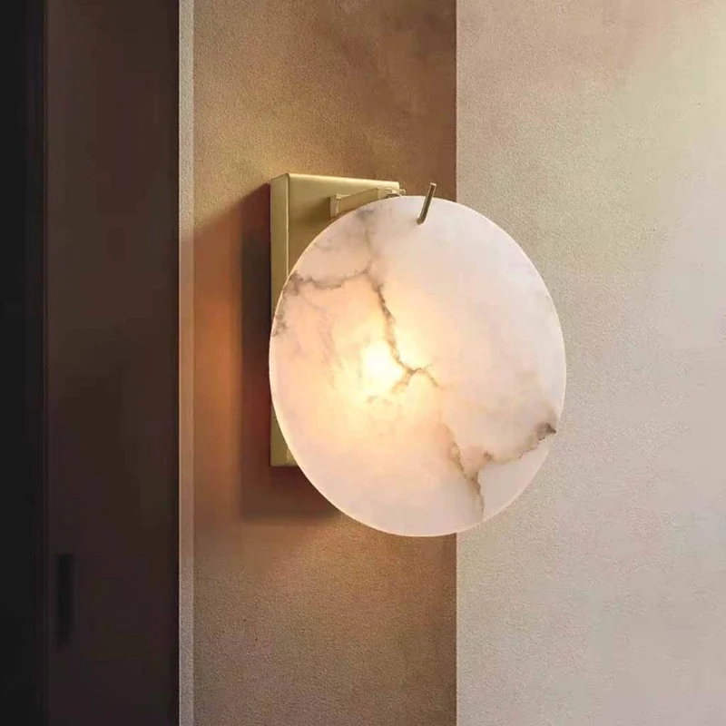 Round Alabaster Wall Sconce with Brass Backplate