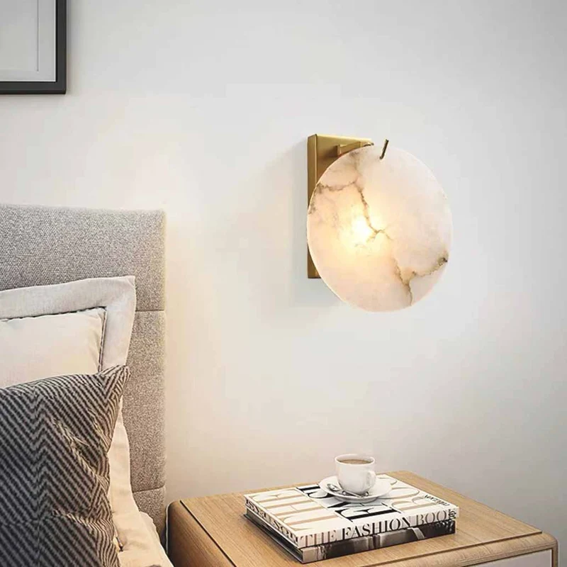 Round Alabaster Wall Sconce with Brass Backplate