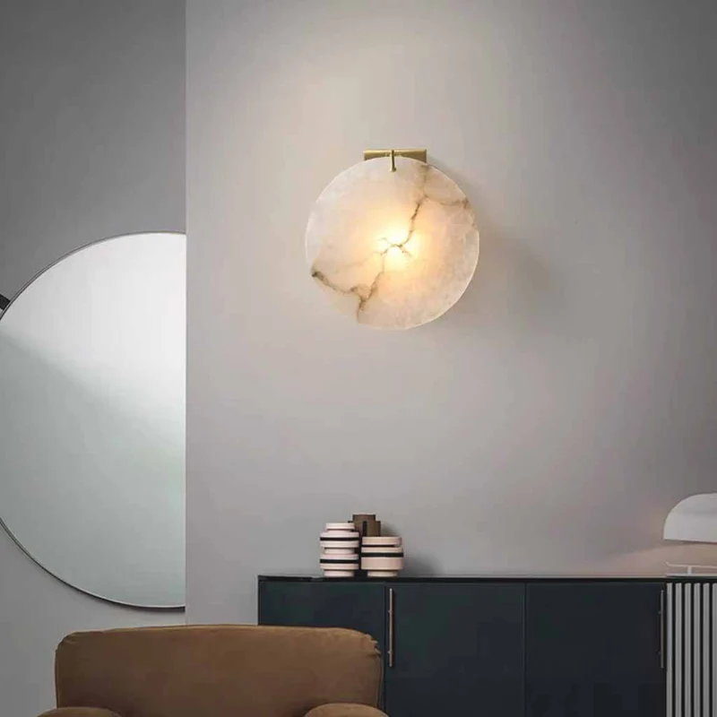 Round Alabaster Wall Sconce with Brass Backplate