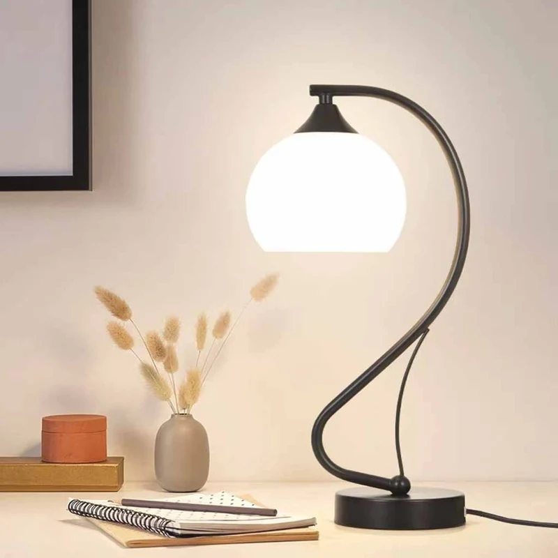Curved Table Lamp with Glass Shade, Black / Gold