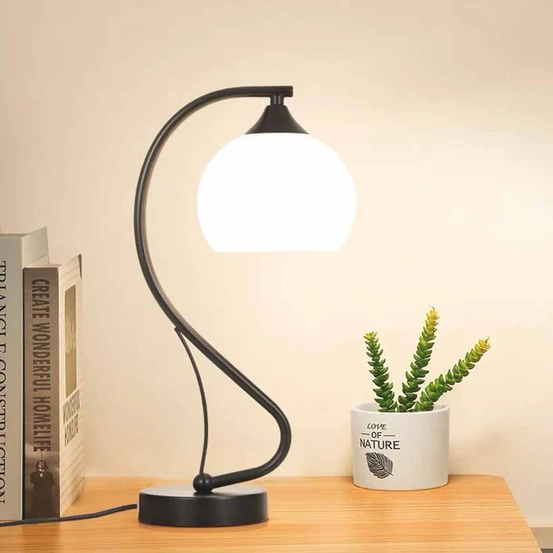 Curved Table Lamp with Glass Shade, Black / Gold