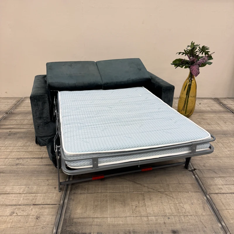 Schlafsofa Ausziehsofa 2-Sitzer Samt Petrol / Blau-Grün Couch Schlafcouch Gebraucht