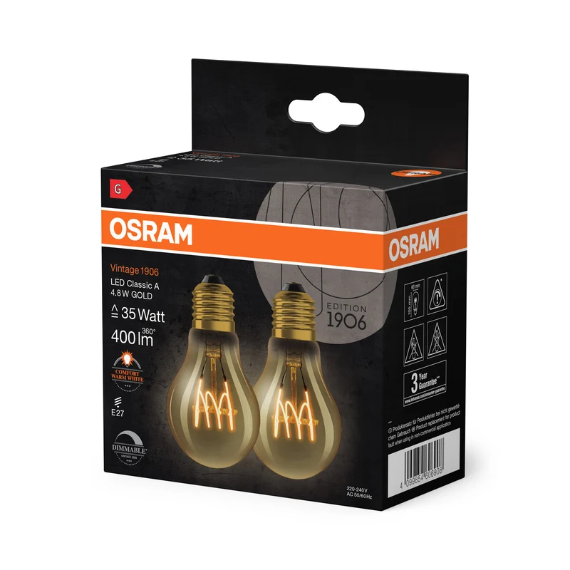 OSRAM Vintage 1906 LED CLASSIC A,B,P SLIM FILAMENT dimmbar 4,8W 822 Gold E27