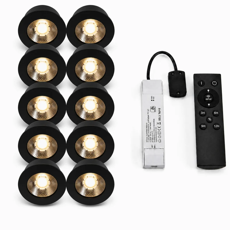 10x Baston LED Einbaustrahler Küche Ø55mm | dimmbare Küchenbeleuchtung | Unterbauleuchte Küche & Schrankbeleuchtung | 2700K | inkl. Fernbedienung | 3W | Schwarz