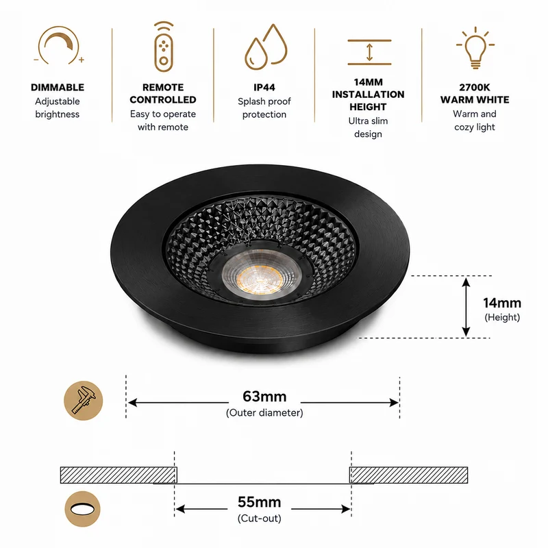 10x Baston LED Einbaustrahler Küche Ø55mm | dimmbare Küchenbeleuchtung | Unterbauleuchte Küche & Schrankbeleuchtung | 2700K | inkl. Fernbedienung | 3W | Schwarz