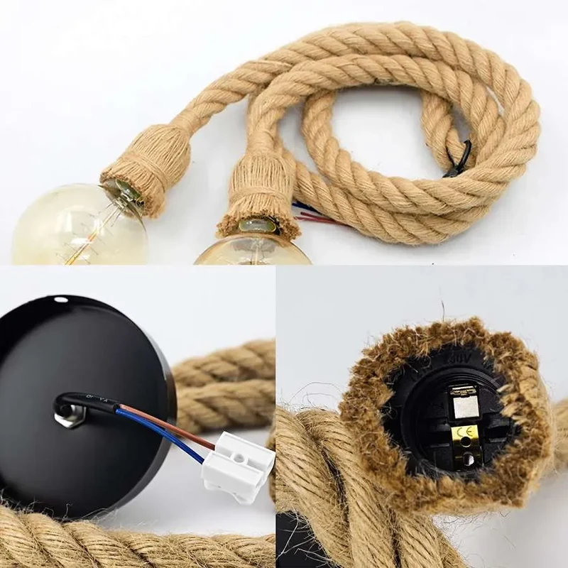 Vintage Hanfseil Pendelleuchte | E27 Seil Hängelampe für Esstisch als Set ~4117