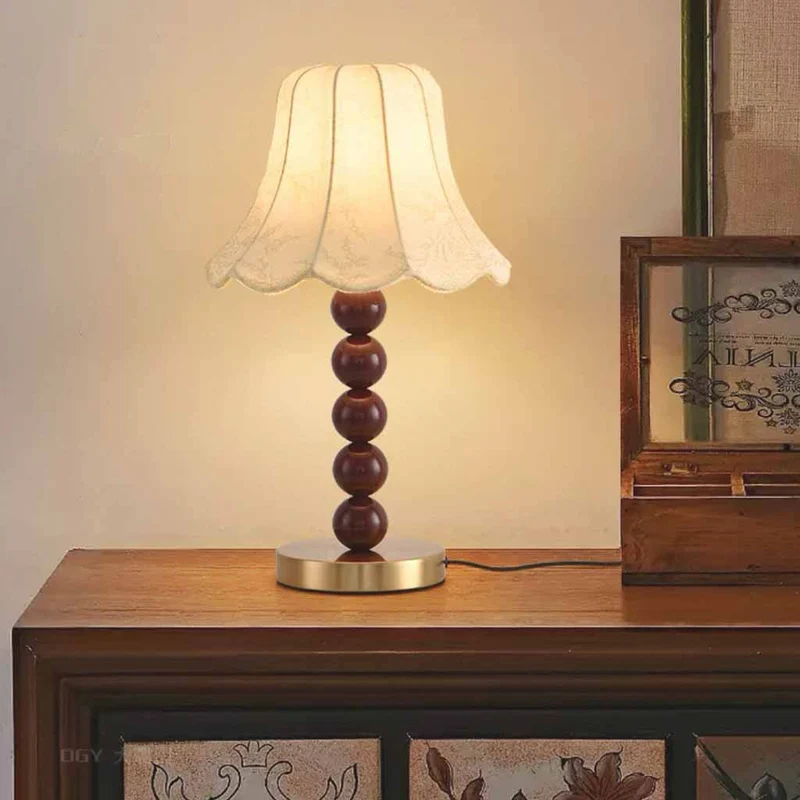 Fabric Shade Table Lamp Decorative Wood Bead