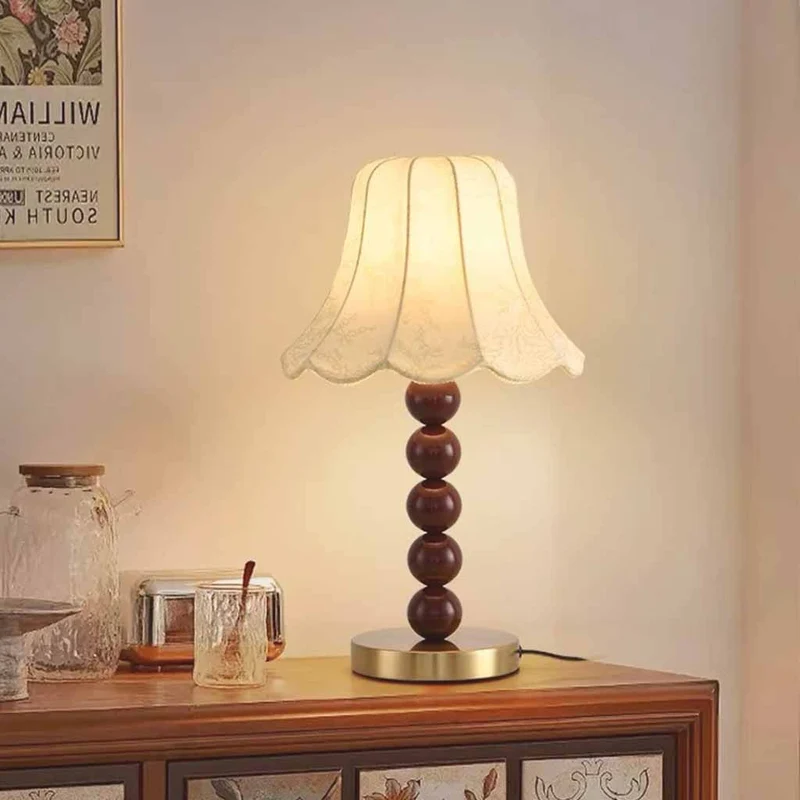 Fabric Shade Table Lamp Decorative Wood Bead
