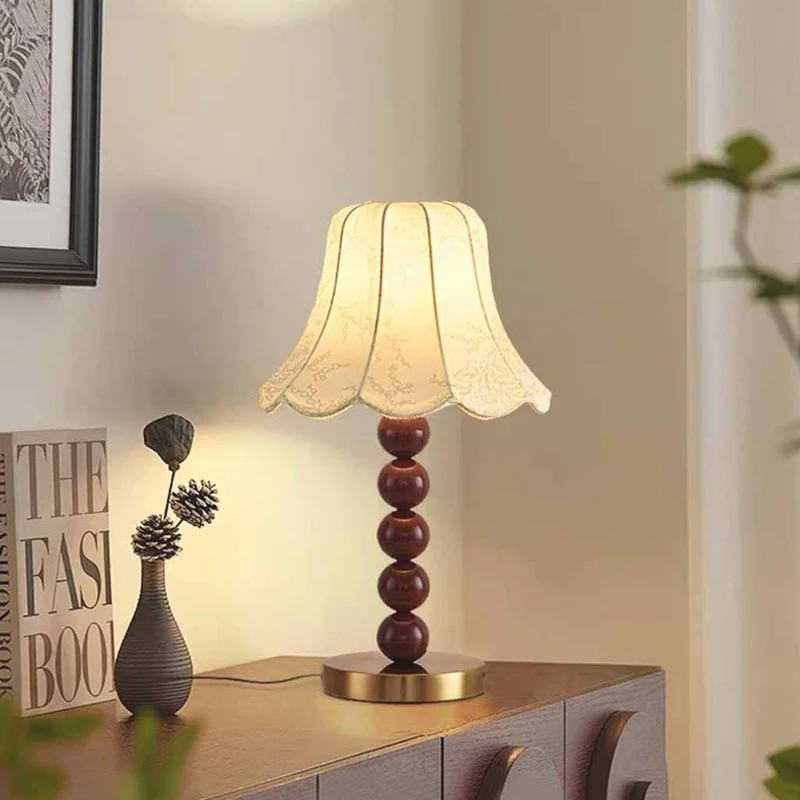 Fabric Shade Table Lamp Decorative Wood Bead
