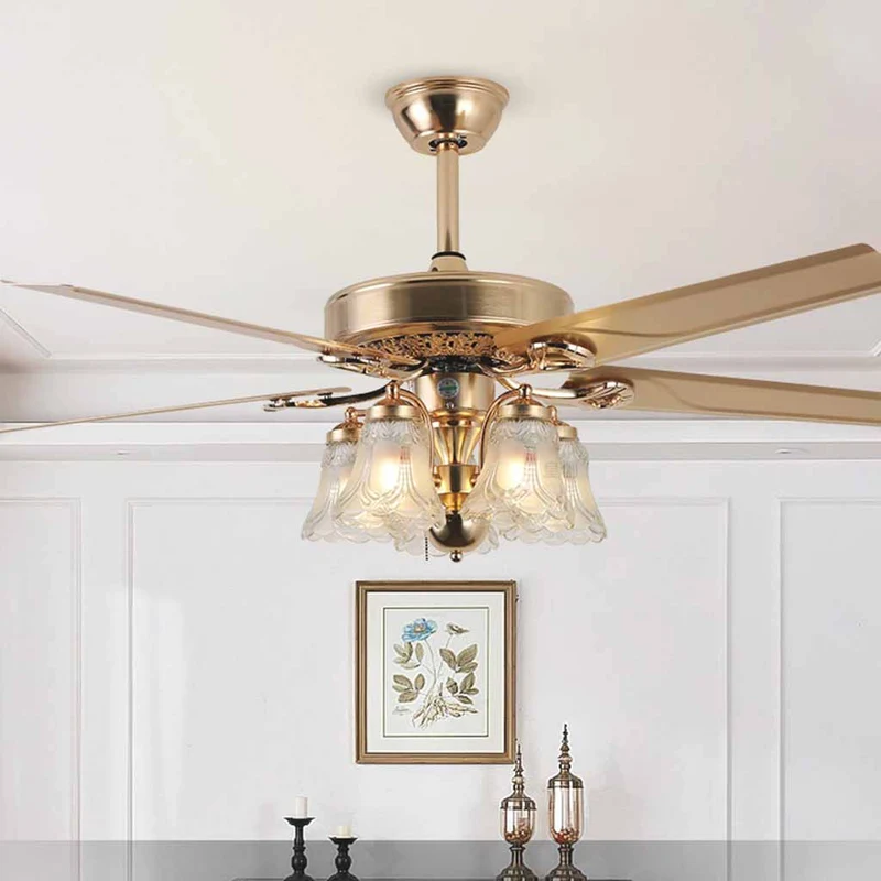 Vintage Semi Flush Gold Ceiling Fan with Light, 4 Blades