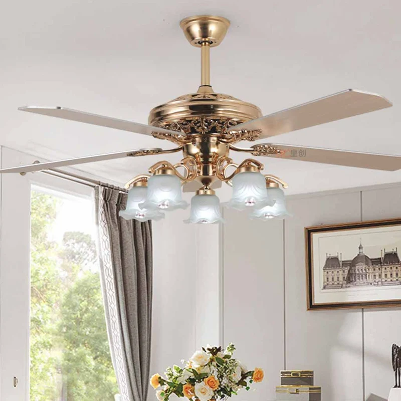 Vintage Semi Flush Gold Ceiling Fan with Light, 4 Blades