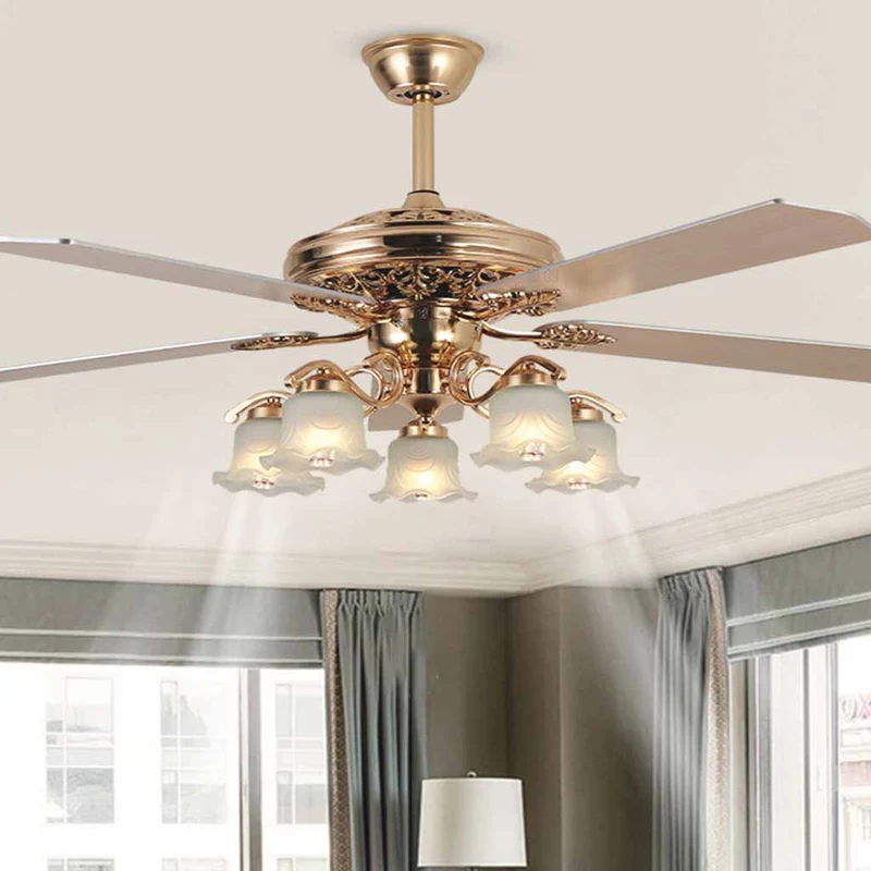 Vintage Semi Flush Gold Ceiling Fan with Light, 4 Blades