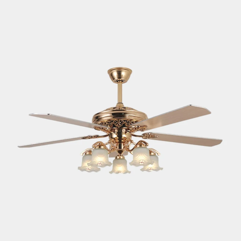Vintage Semi Flush Gold Ceiling Fan with Light, 4 Blades