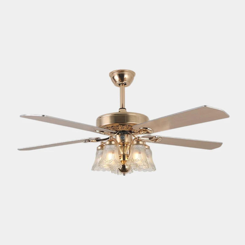 Vintage Semi Flush Gold Ceiling Fan with Light, 4 Blades