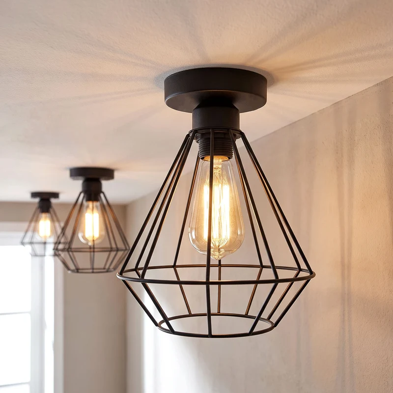 Unterputz Deckenleuchte Käfig – Vintage Industrie Diamantlampe | Schwarz | E27 ~4098