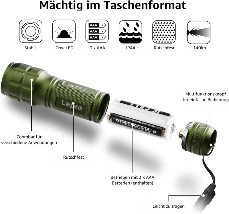 Lighting EVER LED Taschenlampe Klein, Extrem Hell & Zoombar Mini Taschenlampen Batteriebetrieben f¨¹r Kinder, Wasserdichte Handlampe f¨¹r Camping, Outdoor, Notf?lle (Gr¨¹n)