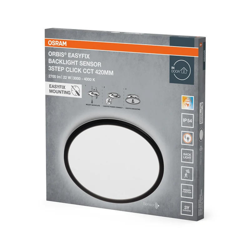 OSRAM ORBIS EASYFIX LED Backlight Deckenleuchte 42cm 22W 3Step Click CCT Sensor IP54, schwarz