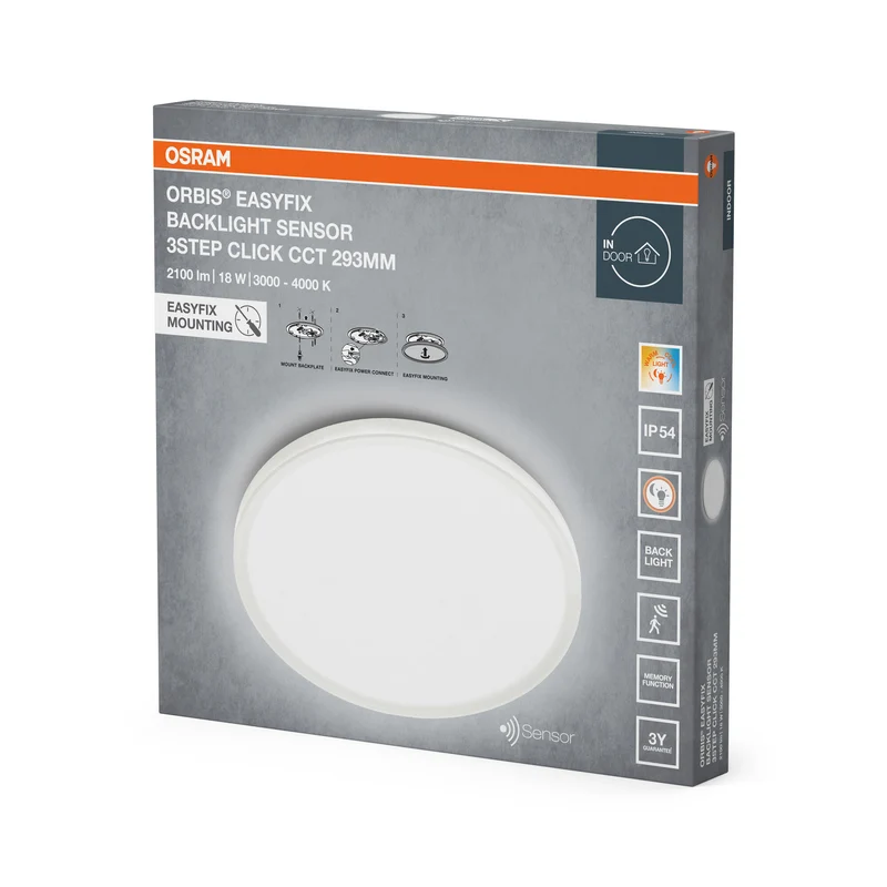 OSRAM ORBIS EASYFIX LED Backlight Deckenleuchte 29,3cm 18W 3Step Click CCT Sensor IP54, schwarz