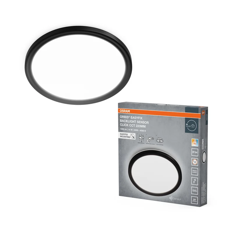 OSRAM ORBIS EASYFIX LED Backlight Deckenleuchte 22cm 14W Click CCT IP54 Sensor, schwarz