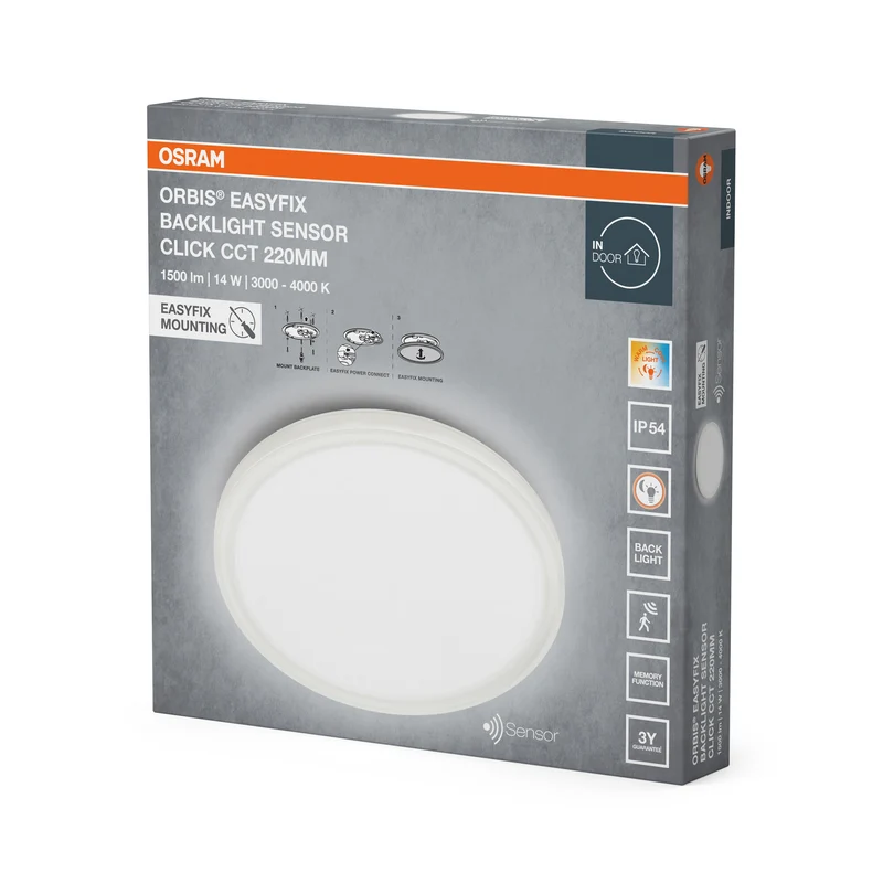 OSRAM ORBIS EASYFIX LED Backlight Deckenleuchte 22cm 14W Click CCT IP54 Sensor, weiß