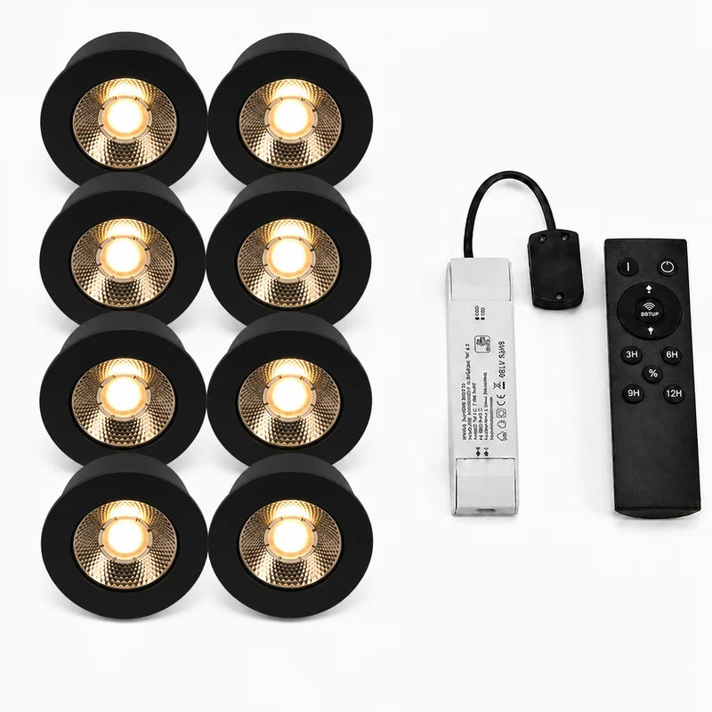 8x Baston LED Einbaustrahler Küche Ø55mm | dimmbare Küchenbeleuchtung | Unterbauleuchte Küche & Schrankbeleuchtung | 2700K | inkl. Fernbedienung | 3W | Schwarz