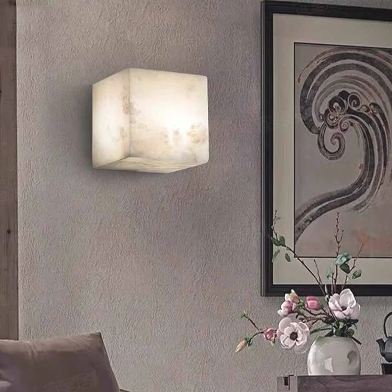 Alabaster Wall Sconce Lighting Minimalist Cube LED
