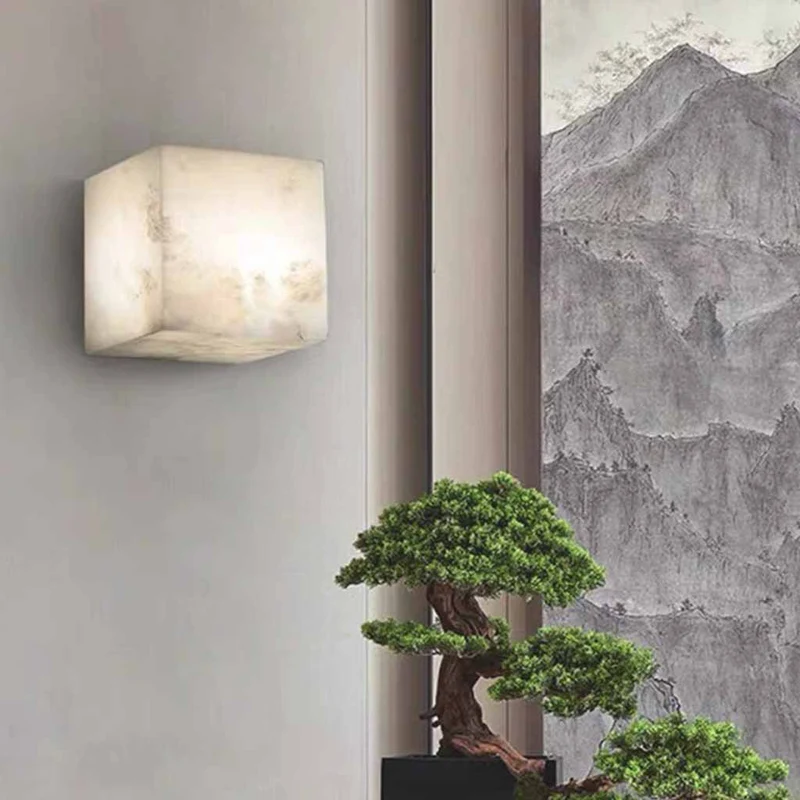 Alabaster Wall Sconce Lighting Minimalist Cube LED