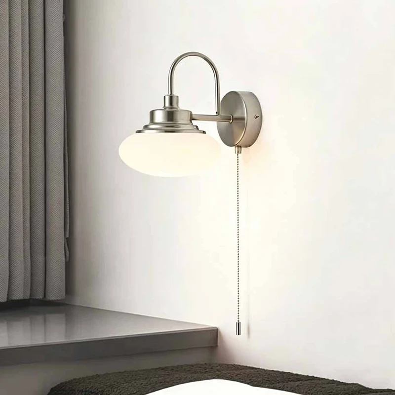 Bauhaus LED Dome Wall Lamp with Pull Chain, Chrome & White