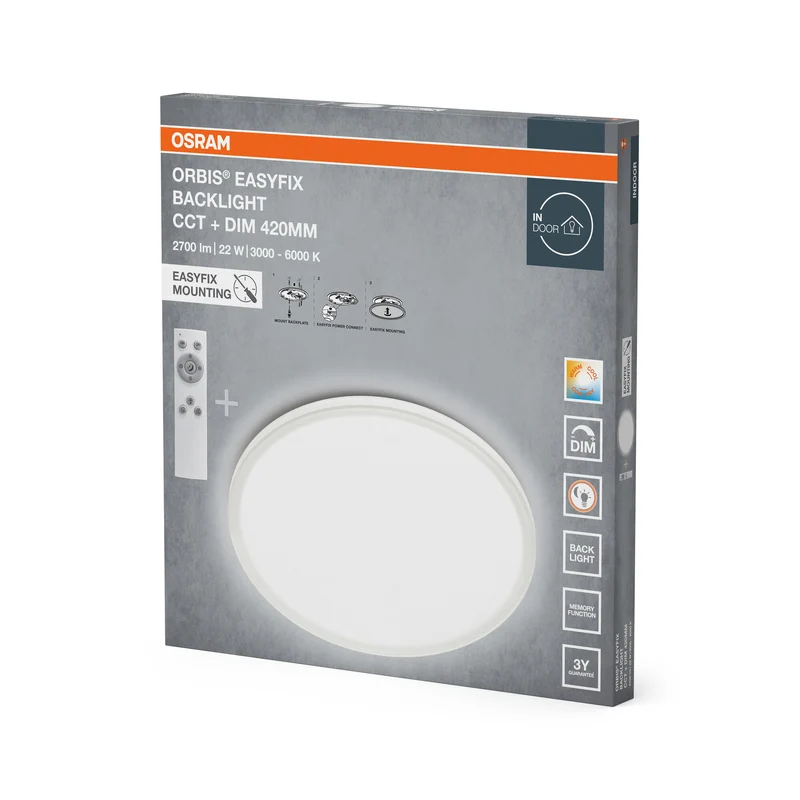 OSRAM ORBIS EASYFIX LED Backlight Deckenleuchte 42cm 22W CCT +DIM Fernbedienung, weiß