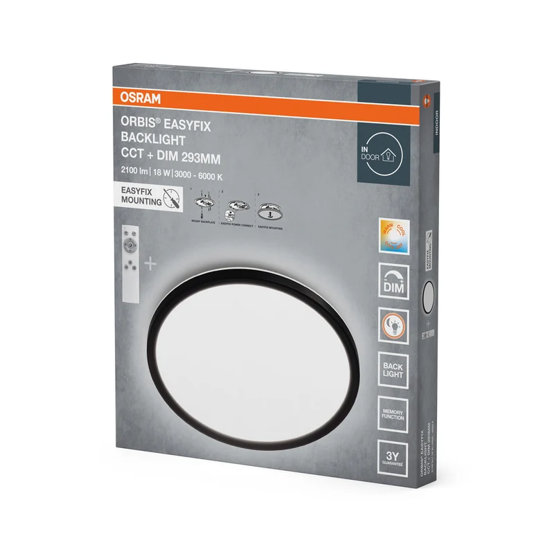 OSRAM ORBIS EASYFIX LED Backlight Deckenleuchte 29,3cm 18W CCT +DIM Fernbedienung, schwarz